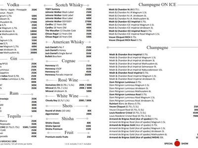 bottles prices menu shoko vip champagne vodka gin rum 